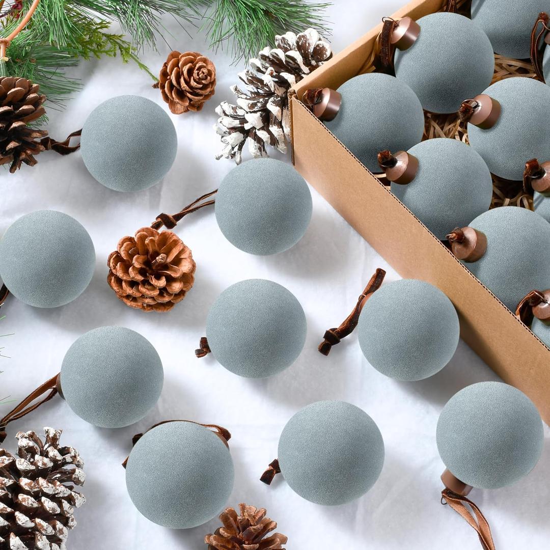 Palonu 24 Pcs Velvet Christmas Balls, 3.15 Inch Flocked Ornaments with Velvet Ribbons, Shatterproof Plastic Christmas Bulbs Ornaments for Family Holiday Xmas Hanging Decoration(Dusty Blue)