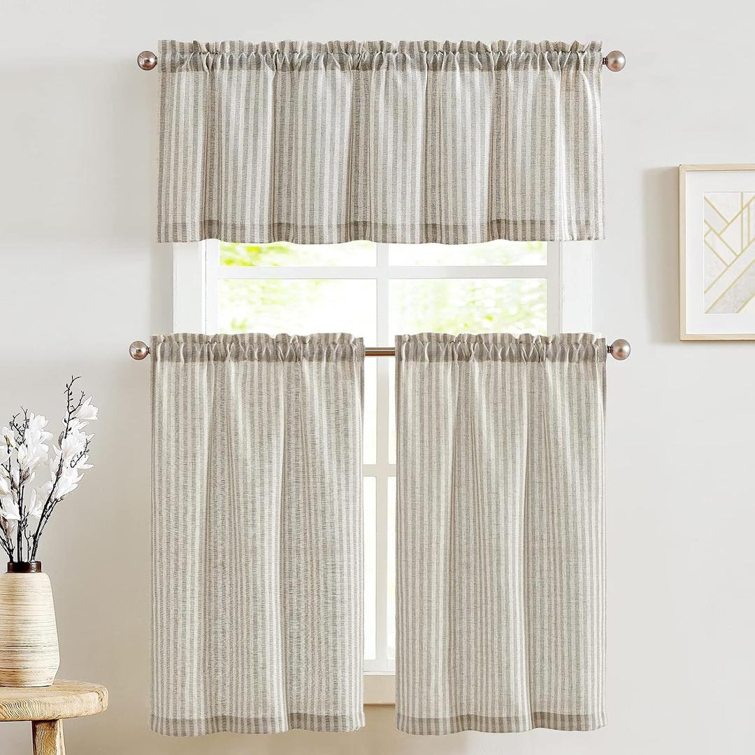 jinchan Striped Kitchen Curtains and Valance Set 36 Inch Tier Curtains Grey Ticking Stripe Linen Small Drapes Pinstripe for Cafe Living Room Bathroom Farmhouse 3 Pieces Set Rod Pocket Gray (26"W x 36"L (Pack of 3), Stripe Taupe Grey)