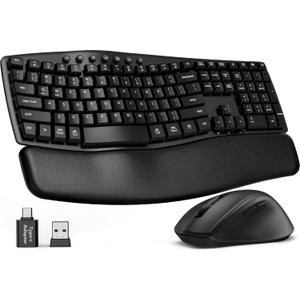 Wireless Keyboard and Mouse Combo, SABLUTE MA41 30dB Quiet Ergonomic Wave Keyboard Set with Soft Leather Palm Rest, Dual-System Switch for Windows/Mac, Ideal for Business Teams Home Office (Black)