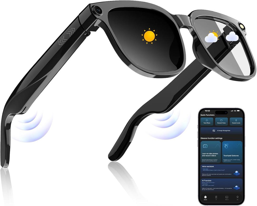 AI Smart Glasses with 2K Anti-Shake Camera,Bluetooth 5.4 & ENC Noise Reduction,Replaceable Lenses/Real-Time Translation/Voice Control,Music Playback for Travel/Outdoor/Business