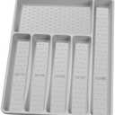 CherHome Silverware Organizer with Cutlery Icons，Silverware Tray for Kitchen Drawer，Plastic Flatware Tableware Cultery Drawer Organizer Utensil Organizer with Non-slip TPR Linings，6-Compartment，Grey