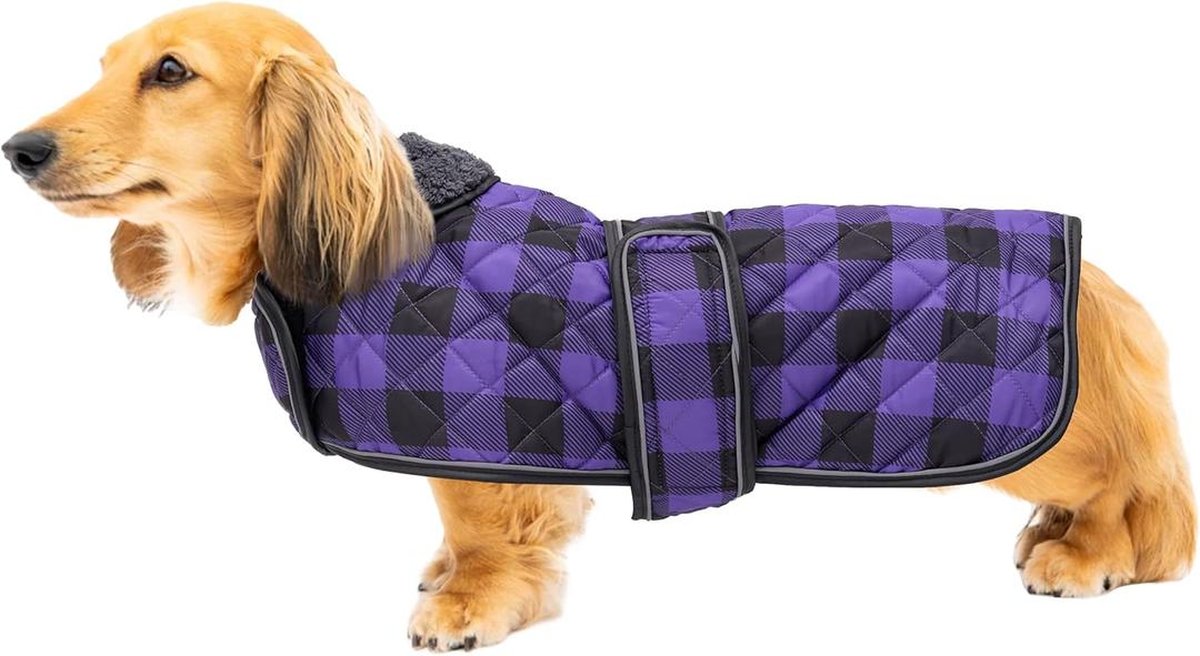 Geyecete Waterproof Warm Thermal Quilted Dachshund Coat with Warm Fleecy Lining Inside,Outdoor Dog Apparel with Adjustable Bands for Small,Medium Dog-Purple-M