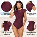 Wolddress Women Modest One Piece Bathing Suit Short Sleeve Tummy Control Swimsuit Zipper Surfing Athletic Rash Guard (Red, L)