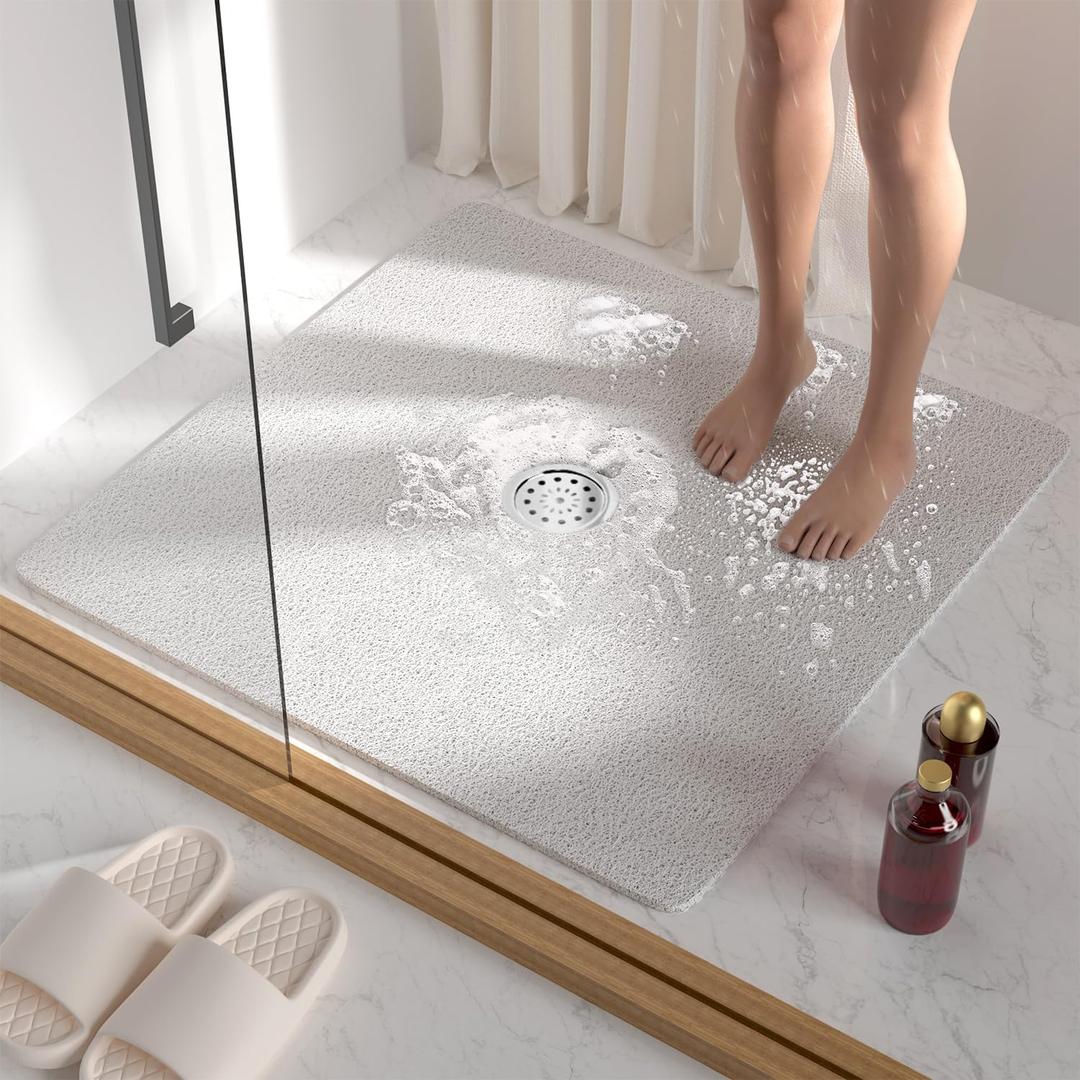 HITSLAM Square Shower Mat, 27 x 27 Inch Non Slip Bath Mat for Tub, Soft PVC Loofah Bathtub Mats with Drain Holes, Quick Drying Bathroom Stall Floor Mat, Bathroom Accessories Without Suction Cup, White