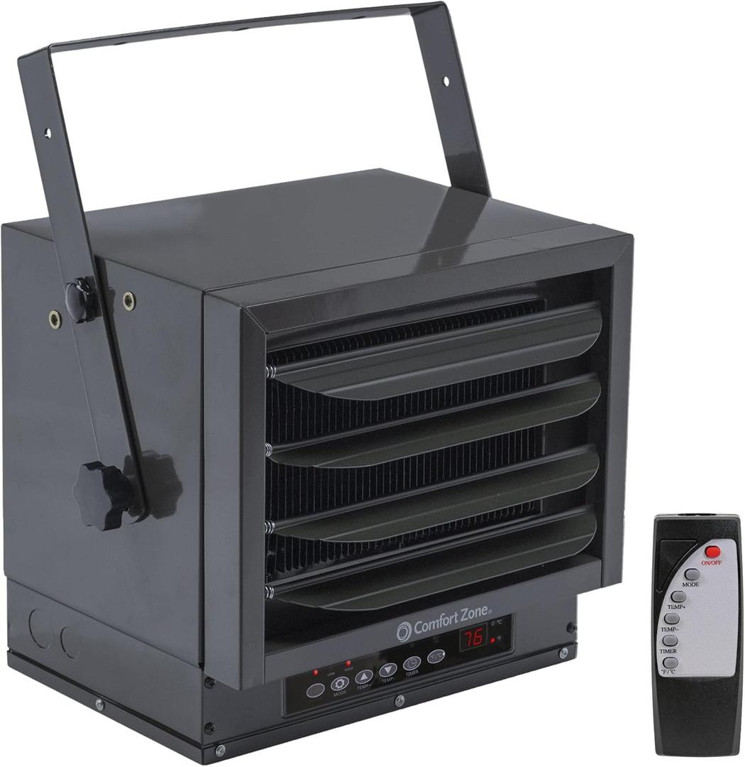 Comfort Zone Hard-Wired Ceiling Mount Garage Space Heater with Remote, 7,500 Watt, 240 Volt, Fan-Forced, Overheat Protection, Digital Thermostat, 12-Hour Timer, Ideal for Garage & Workshop, CZ230ERBK (Black)