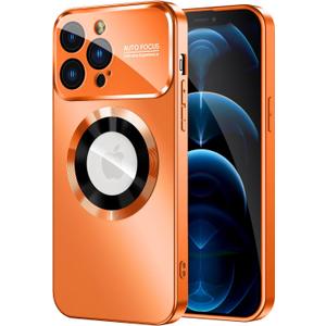 MAKAVO Magnetic for iPhone 12 Pro Max Case, Compatible with MagSafe, Built-in Camera Lens Protector, Logo View, Military Grade Drop Proof Phone Case Cover, Orange