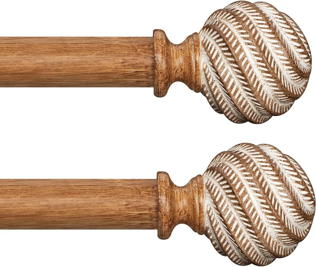 Wood Curtain Rods for Windows 66-120" 2 Pack:Boho Farmhouse Wooden Curtain Rod for Living Room Bedroom,Rustic Adjustable Heavy Duty Drapery Rods Set Brown Decorative Bamboo Imitation Wood Grain