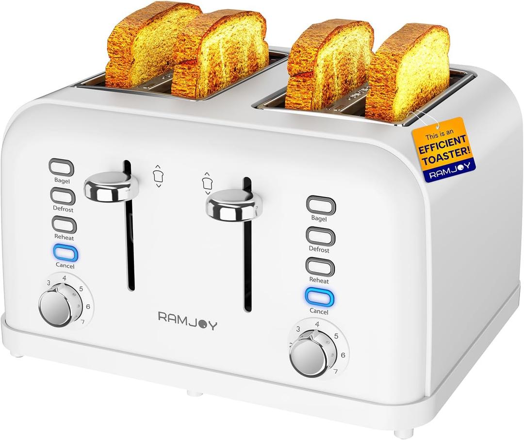 RAMJOY White Toaster 4 Slice, Dual Independent Controls, Extra Wide Slot Toasters for Bagel, Bread, Waffles, 7 Shade Settings, 4 Main Functions, Removable Crumb Tray, 1500 Watts, White Stainless Steel