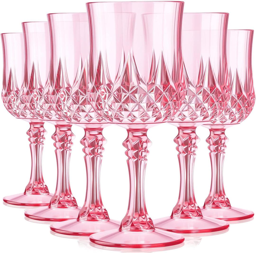 6 Pcs Vintage Goblet Plastic, Clear Wine Glasses Charming Vintage Decorative Plastic Cups Set, Mixed Drink Glasses, for Bars, Wedding, restaurants, Baby Shower and Elegant Dinners (Pink)