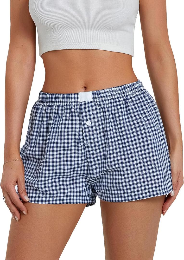 Women's Y2K Lounge Shorts Cute Soft Elastic Low Waist Plaid Print Button Front Pajama Bottoms Boxer Shorts Sleepwear (Blue, S)