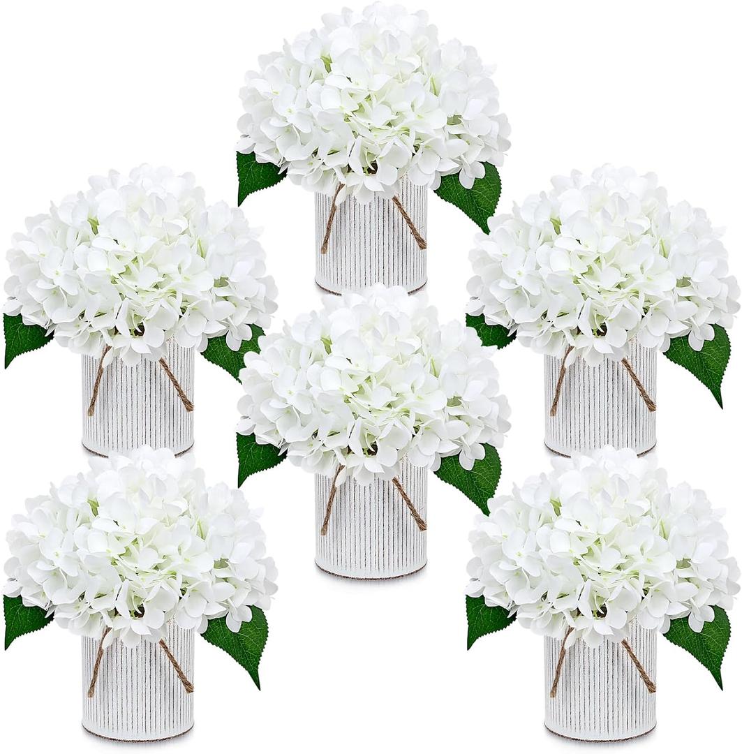 Flower Table Centerpieces - Set of 6 Floral Arrangement Artificial Wedding Hydrangeas Floral Arrangement with Rustic Metal Vase for Bridal Tea Party Event Decorations - Ivory White