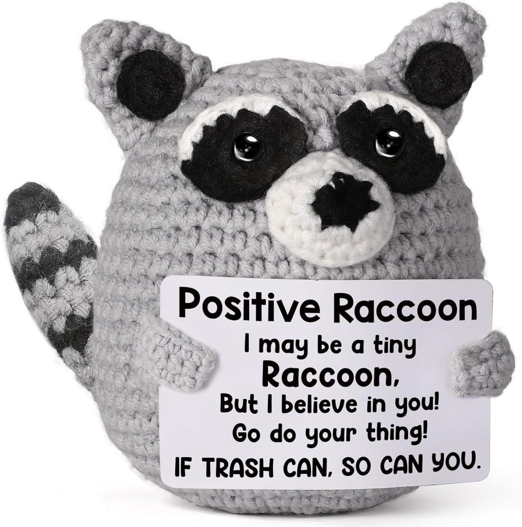 Positive Crochet Animal Raccoon, Handmade Emotional Support Plush Back to School Gift, College Care Package for Teen Trendy Stuff, Trash Panda for Women Birthday & Christmas