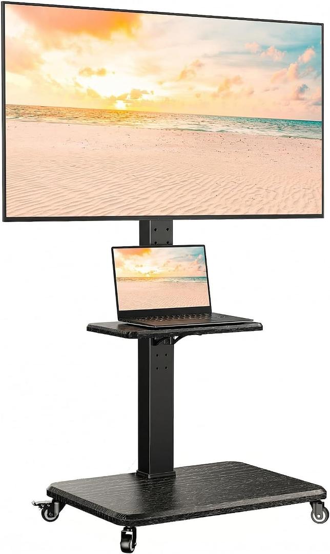 Perlegear Rolling TV Stand for 30-75 Inch, Mobile TV Cart Holds up to 110 lbs, Tilt & Height Adjustable Portable TV Stand on Wheels for Bedroom with Shelf, Outdoor TV Stand Max VESA 600x400mm PGTVMC27