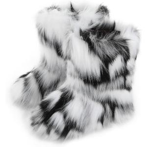 Women's Faux Fur Boots Furry Snow Boots Fuzzy Winter Shoes Fluffy Mid-Calf Flat Boots, Black White 41