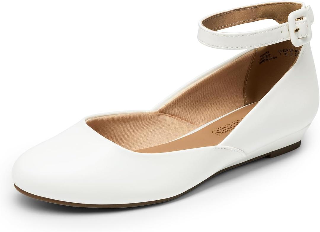 DREAM PAIRS Women's Dress Flats Ballet Low Wedge Round Toe Ankle Strap Comfortable Casual Flats Shoes (8, White Pu)