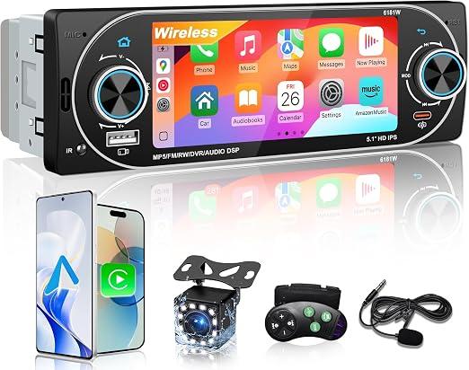 5.1" Single Din Bluetooth Car Stereo Wireless CarPlay Radio Android Auto | IPS Touchscreen, FM/AM/RDS radio, USB Type-C fast charging, 4×45W car audio, backup camera, fit most single din vehicles