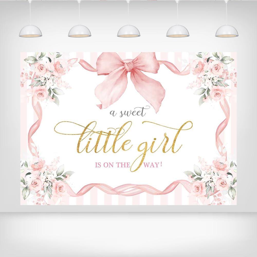 Coquette Pink Bow Baby Shower Backdrop 9x6ft - Elegant Floral A Sweet Little Girl is on The Way Background for Girl Baby Shower Gender Reveal Party Decorations and Nursery Decor