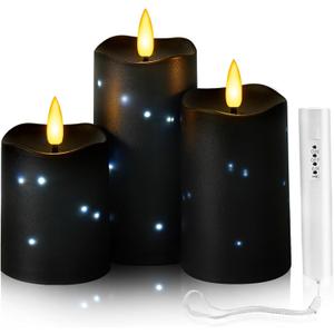 Flameless Candles Embeded Twinkle Starlight, Waterproof LED Flameless Candles with Remote, Plastics Realistic Pillar Candles for Home Decor, Outdoor Garden, Patio Decor 3pcsBlack