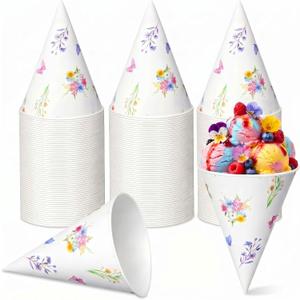 Honeydak 50 Pcs Floral Snow Cone Cups 6 oz, Thicken Disposable Paper Cone Cups for Shaved Ice Summer Pool Party, Slushie and Ice Cream Dessert Station Supplies