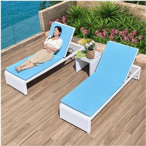 Outdoor Chaise Lounge Set of 2 and 1 Coffee Table 5-Level Adjustable Backrest PE Rattan Pool Lounge Chair with Wheels Cushion (2 White Recliners with Blue Cushion + 1 Coffee Table)