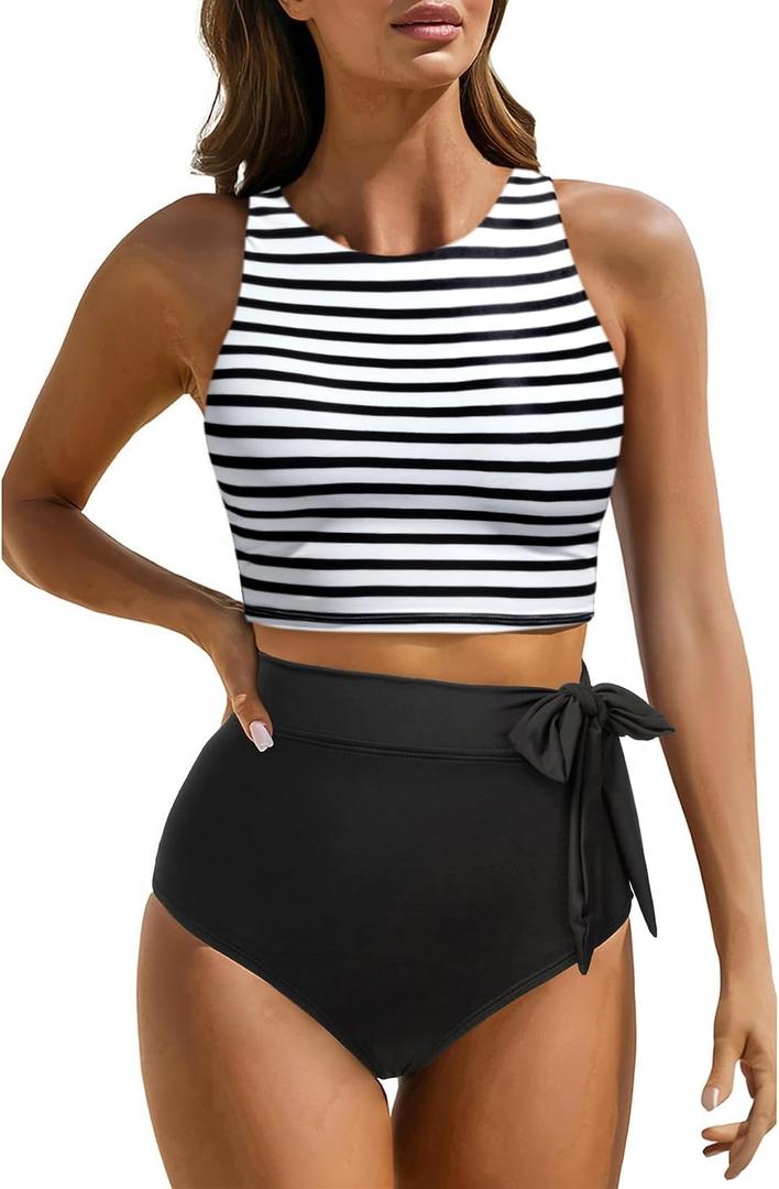 Aqua Eve Women High Waisted Bikini Set Racerback Swimsuit Two Piece Bathing Suit High Neck Swimwear (X-Small, Stripe and Black)