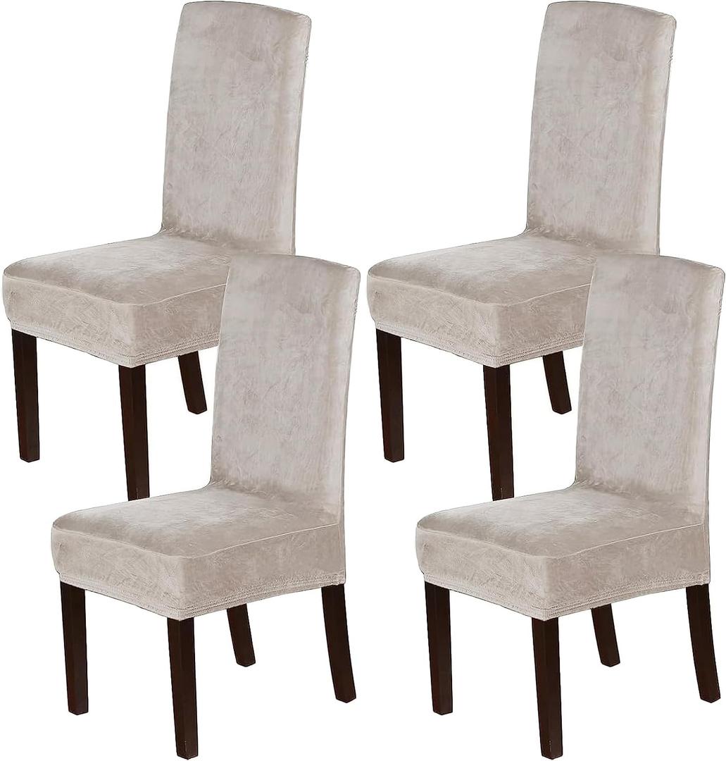 H.VERSAILTEX Velvet Dining Chair Covers Stretch Chair Covers for Dining Room Set of 4 Parson Chair Slipcovers Chair Protectors Covers Dining, Soft Thick Solid Velvet Fabric Washable, Oatmeal