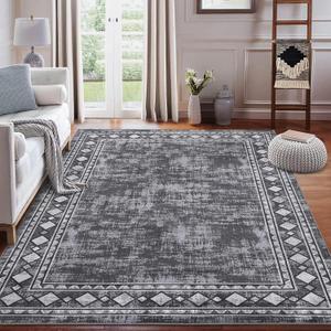 GlowSol Bordered Rug 9x12 Living Room Rug Machine Washable Rugs for Bedroom Low-Pile Large Rug Modern Solid Rug Minimalist Border Stain Resistant Soft Floor Carpet for Farmhouse Kids Playroom,Grey