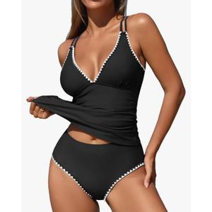 ZAFUL Womens Tankini Swimsuits V Neck Push Up Swim Top Color Block Tummy Control High Waisted Bathing Suits Swim Bottom, L