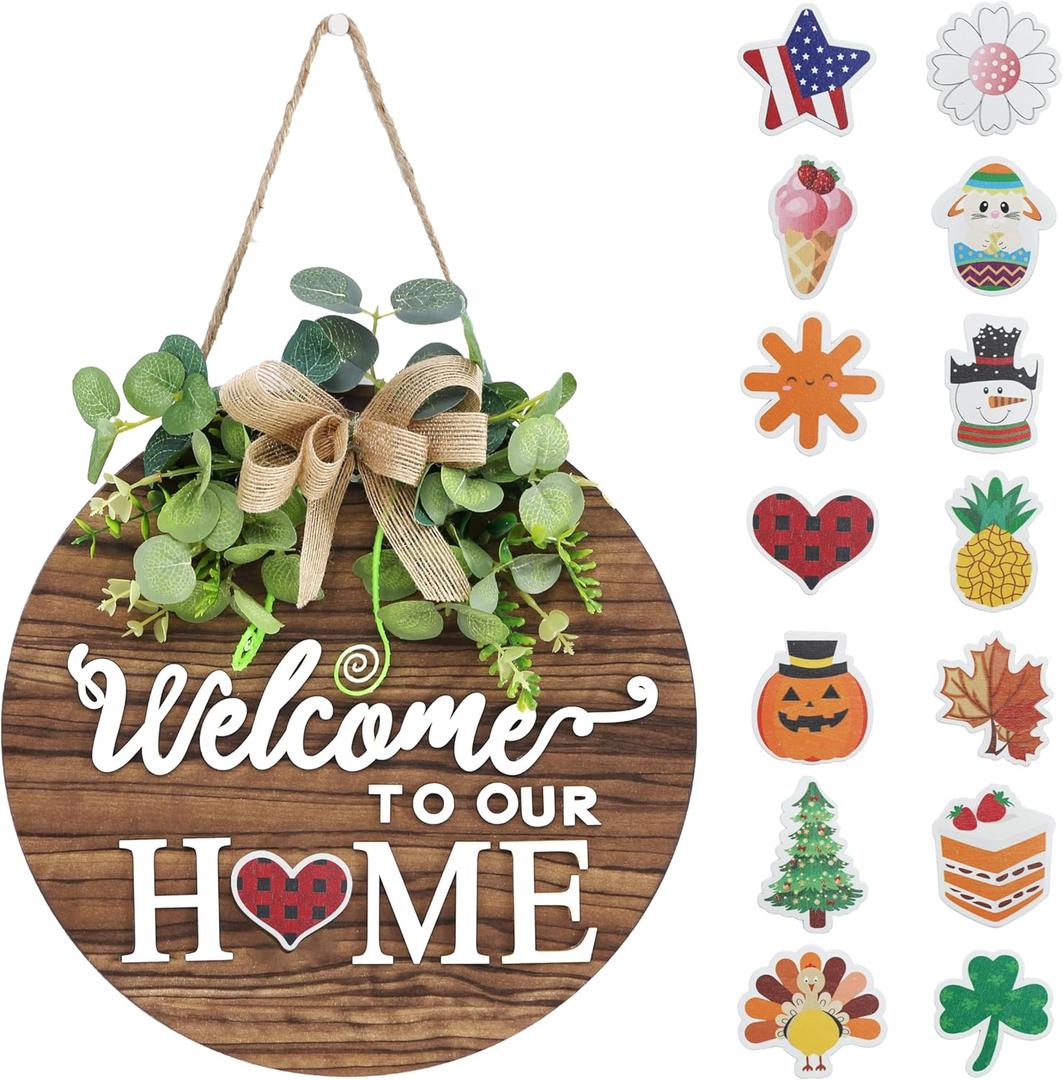 Interchangeable Seasonal Welcome Sign Front Door Decoration, Rustic Round Wood Wreaths Wall Hanging Outdoor, Farmhouse, Porch, for Spring Summer Fall All Seasons Holiday Halloween Christmas. (12 Inch, 01blown)