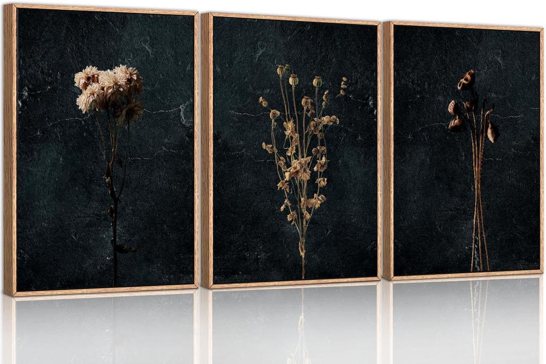Moody Dark Orange Floral Framed Canvas Wall Art Set, Minimalist Wildflower Wall Decor, Black Flower Botanical Wall Painting, Modern Illustration Art Print Living Room, Bedroom, Office 36"x24"x3