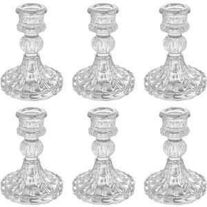 Glass Candlestick Holder,Striped Taper Candle Holders,Set of 6 Candle Stand for Table Centerpieces, Home Decor,Weddings,Festival and Parties (Clear Stripe Pattern)