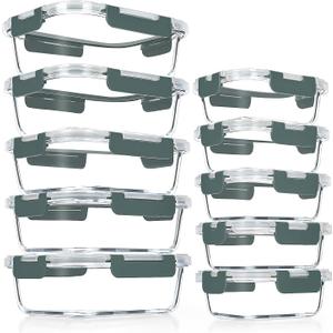 VERONES 10 Pack Glass Meal Prep Containers, Airtight Glass Lunch Containers, Stackable Glass Food Storage Containers Set with Lids, Exclusive of BPA, for Microwave, Oven, Freezer & Dishwasher, Grey