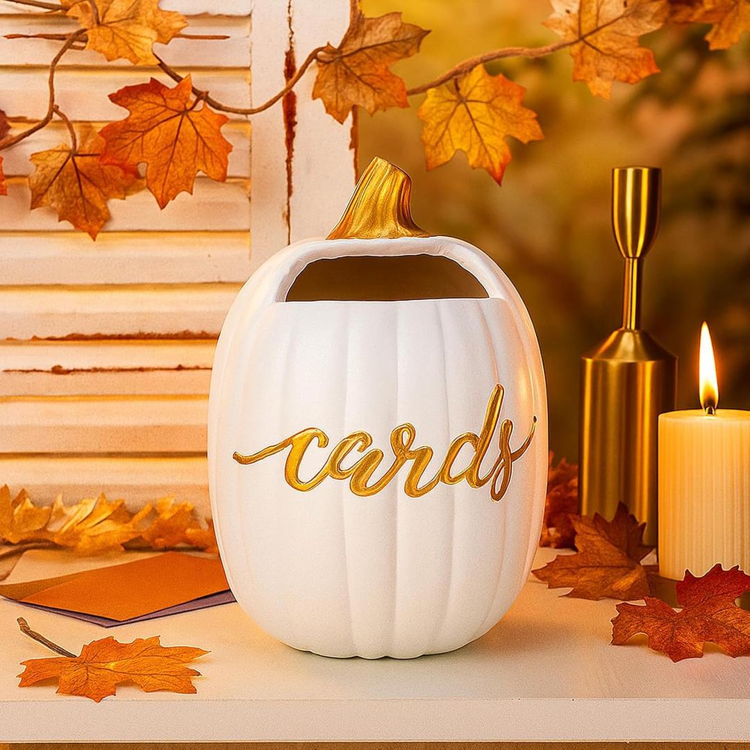 Leinuosen 6 x 8 Inches Thanksgiving Pumpkin Wedding Decoration White Pumpkin Elegant Wedding Card Box Gold Resin Gift Card Box Holder for Friendsgiving Party Reception Birthday Baby Shower Decoration