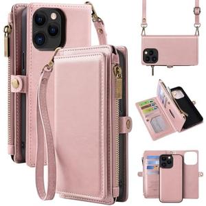 MInCYB for iPhone 13 Wallet Case with Card Holder (12 Card Slots) - PU Leather Case for Women & Men, Wireless Charging, Detachable Magnetic, Crossbody Strap, Shockproof Protective Phone Cover. Pink