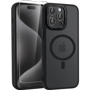 5 x WRJ Case for iPhone 15 Pro Max with Screen Protector, [Compatible with MagSafe][Full Camera Protection] Anti-Fingerprints Slim Translucent Matte Shockproof Phone Cover for Women Men-Black