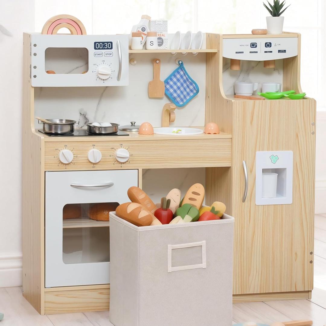 Wooden Play Kitchen for Kids Ages 3-6 with Storage Box & 17 Pcs, Toddler Kitchen Playset with Fridge,Ice Maker, Sink, Oven, Stove, Microwave, Educational Pretend Play Gift for Boys & Girls