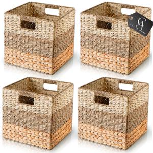 13x13x13 Storage Cube Bins Wicker Storage Basket for Cube Shelf, Natural Foldable Square Baskets for Storage, Large Woven Cube Storage Bin with Handle, Baskets for Pantry, Bedroom Set of 4