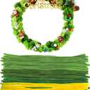 Farbeniok Christmas Pearl Ring Pipe Cleaner Craft Kit, DIY Wreath Ornament Supplies Set with Beads, Bow for Tree Decor, Interior Decoration, School Bags, Children's Festival (Big Green)