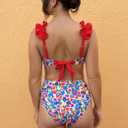 Women High Waisted Swimsuit Flounce Straps Bikini Tie Back Bathing Suit | Removable pads, soft material, fully lined (S)