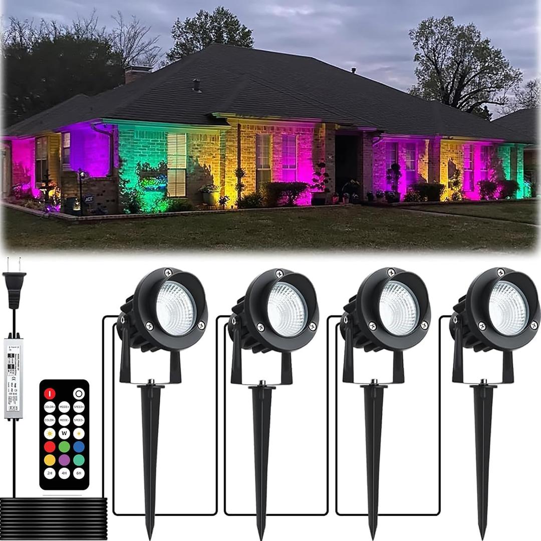 20W Outdoor RGB LED Spotlights 4 Pack, 120V 1000lm with Remote & Transformer, 12 Colors 19 Modes, IP65 Waterproof 46.5ft Cord, Landscape Lights for Yard Garden Christmas Halloween (RGB (Red, Green, Blue))