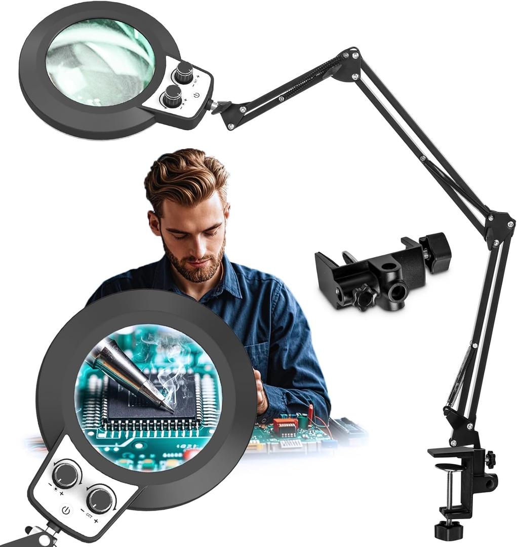 HITTI 12X Extra Long Magnifying Glass with Light, Upgrade Infinite Color and Brightness LED Desk Lamp with Clamp, Hands Free 3 Section Magnifier Light and Stand for Workbench Crafts Reading Painting