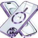 Misea Magnetic for iPhone 15 Plus Case Compatible with MagSafe [Never Yellowing] [Military Grade Drop Protection] Full Camera Lens Protector Plating Soft Clear Phone Case for Women, Purple