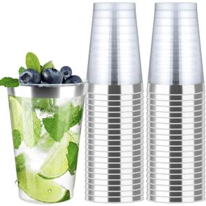 200 Pack 12oz Silver Plastic Cups with Rimmed Edges - Disposable, Recyclable, BPA Free, Food Safe, Modern Style, Perfect for Parties, Weddings, Birthdays, Festivals, 12oz Capacity Each