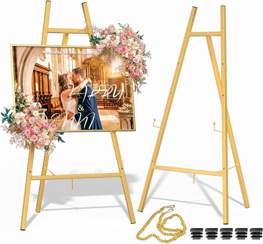 Gold Metal Easel Stand for Sign,Heavy Duty Art Easel with Adjustable Chain,Tripod Structure,4-Level HeightEasels for Wedding Welcome Sign Holder,Baby Shower Poster,Birthday Party,Posters