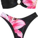ZAFUL Women's Bandeau Bikini O Ring Strapless Tie Back High Cut Two Piece Swimsuit Bathing Suits (Size Medium, 5-black Print)