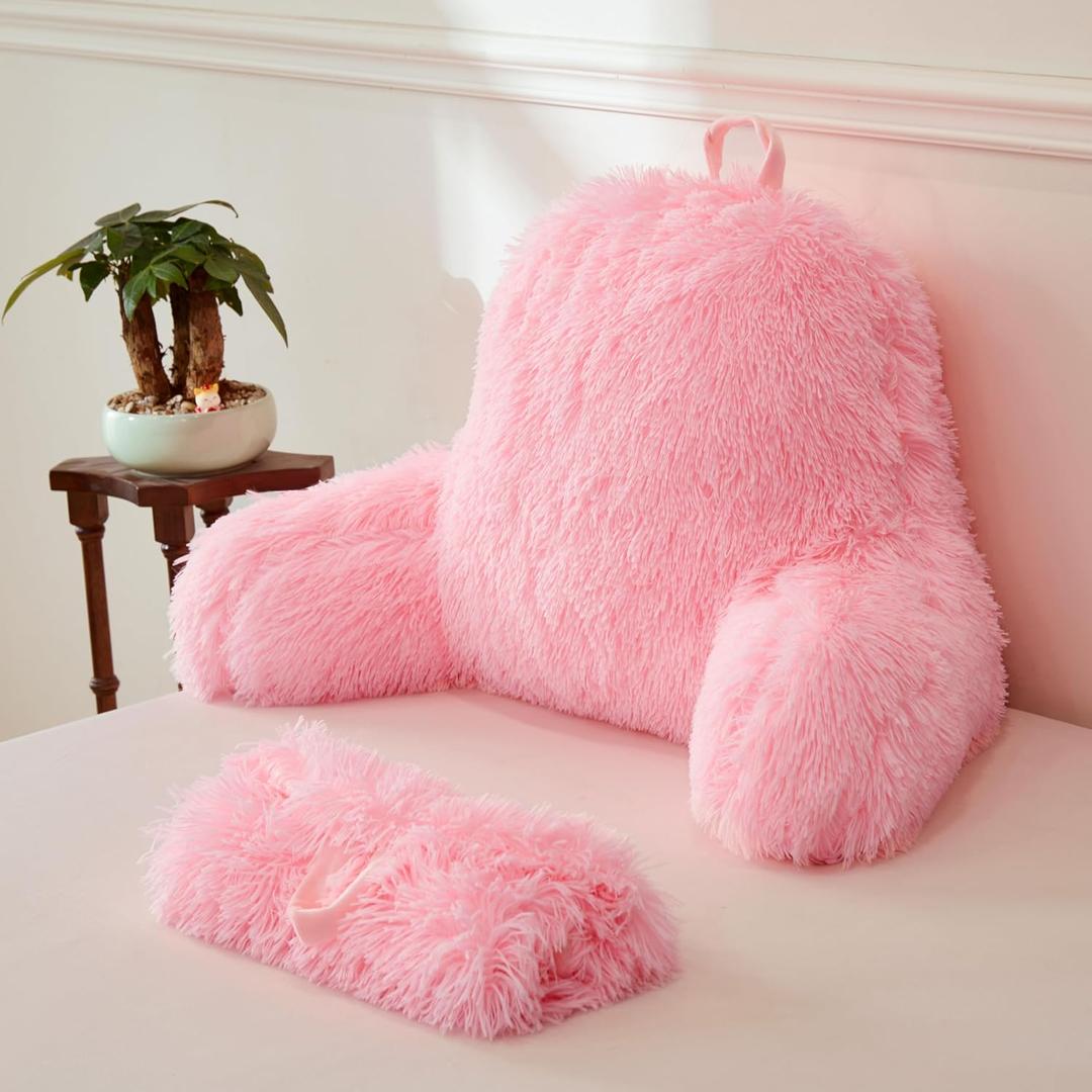 XeGe Faux Fur Reading Pillow Cover (No Filler), Fluffy Back Rest Pillow Case for Sitting in Bed, Adults Kids Girls Shaggy Sit Up Back Support Study Pillow Cover for Couch Chair Home Decoration, Pink (Large)
