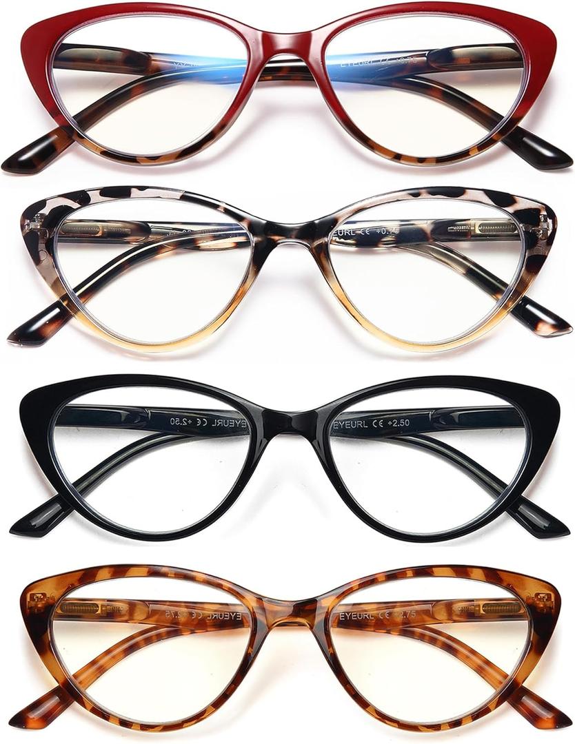 EYEURL 4-Pack Cat Eye Reading Glasses for Women Blue Light Blocking Computer Reading Glasses Anti-Glare Cat Eye Readers For Women,2.0