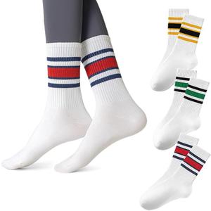 women's men's selected Athletic round neck socks cotton stripe socks 5/10 pairs (White)