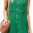Tongmingyun Womens Dressy Sleeveless Rompers Casual Textured V Neck Button Down Short Jumpsuits with Pockets (Medium, Green)