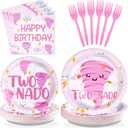 Grencian 96Pcs Two Nado Party Supplies Pink Tornado 2nd Birthday Plates and Napkins Tableware Sets Two Nado Party Decorations Favors for Girls Baby Shower 2 Year Old Birthday Supplies Serves 24